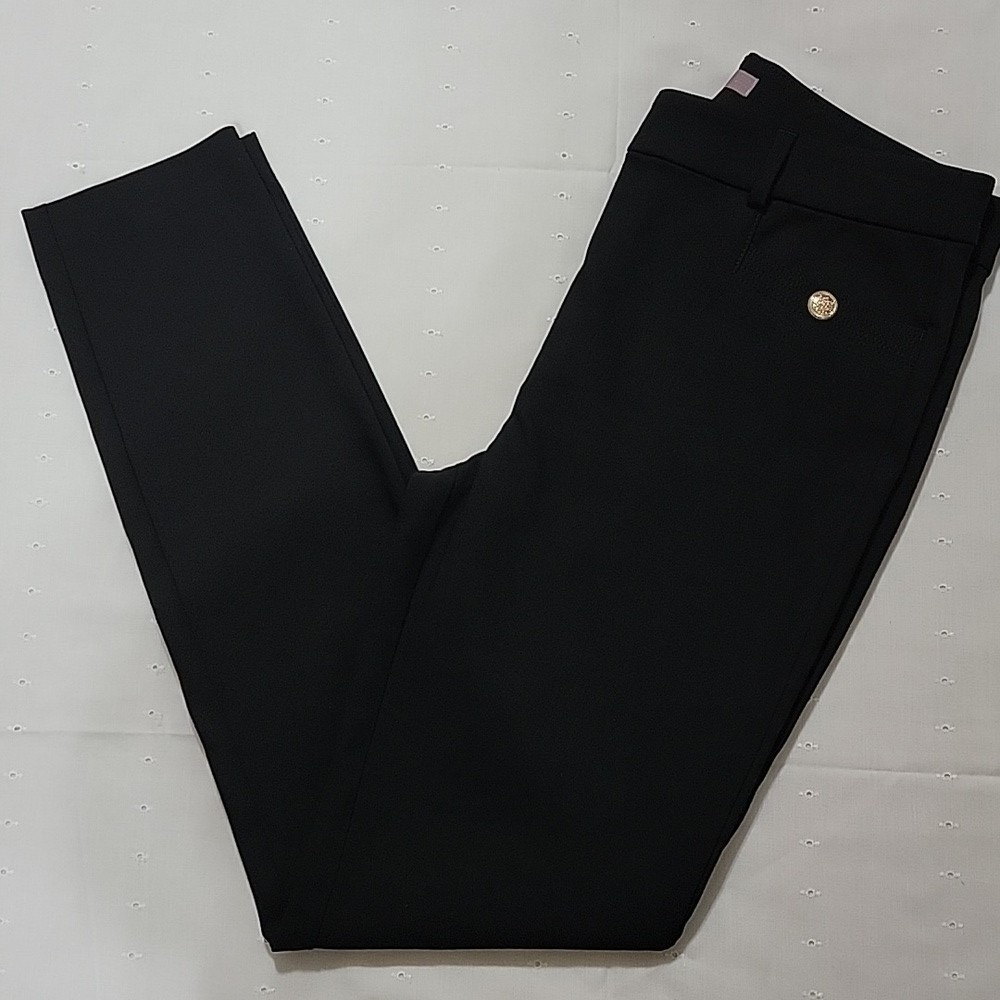 LOFT The Sutton Skinny Pants Black Gold Crest Button Dress Trousers 6T Tall EUC